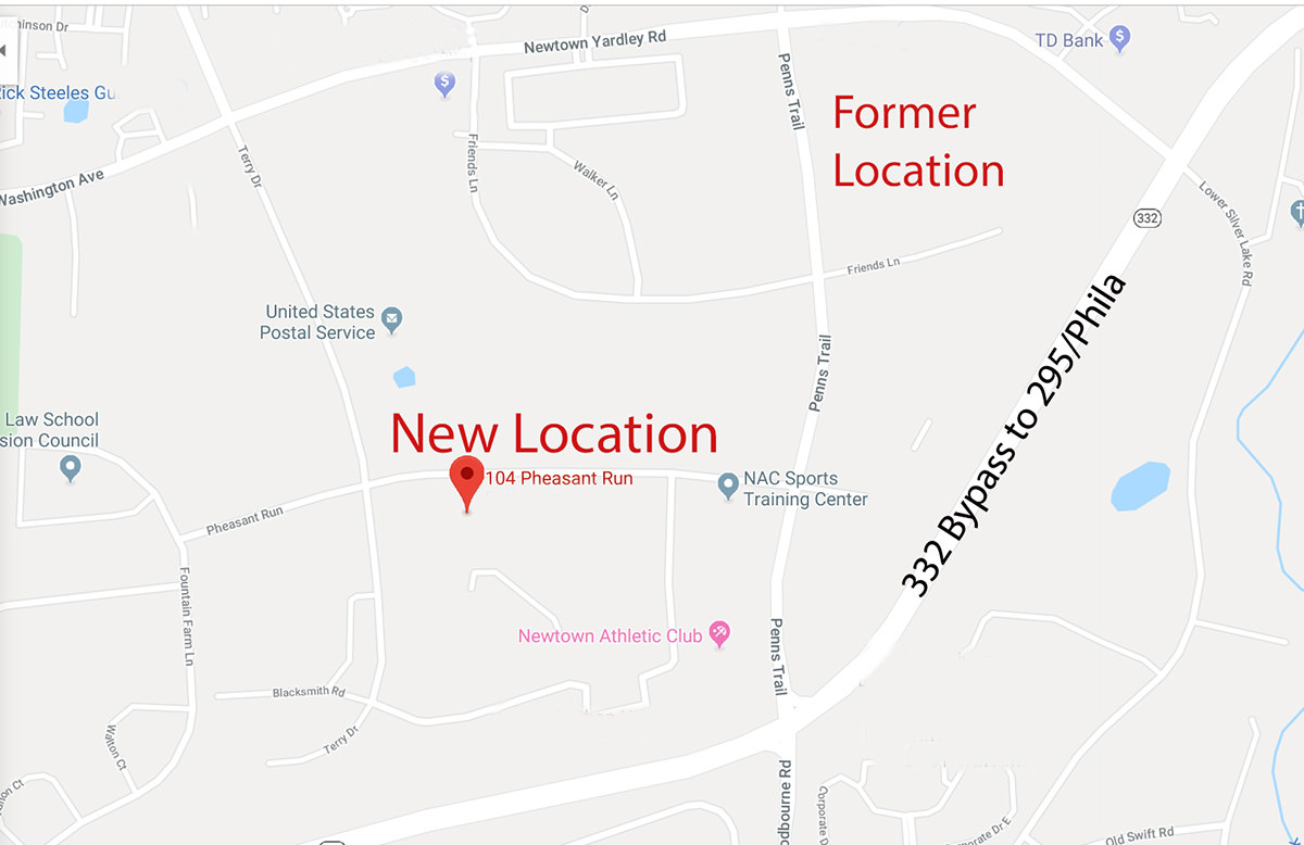 Our new location on the map! 104 Pheasant Run, Newtown, PA 18940.